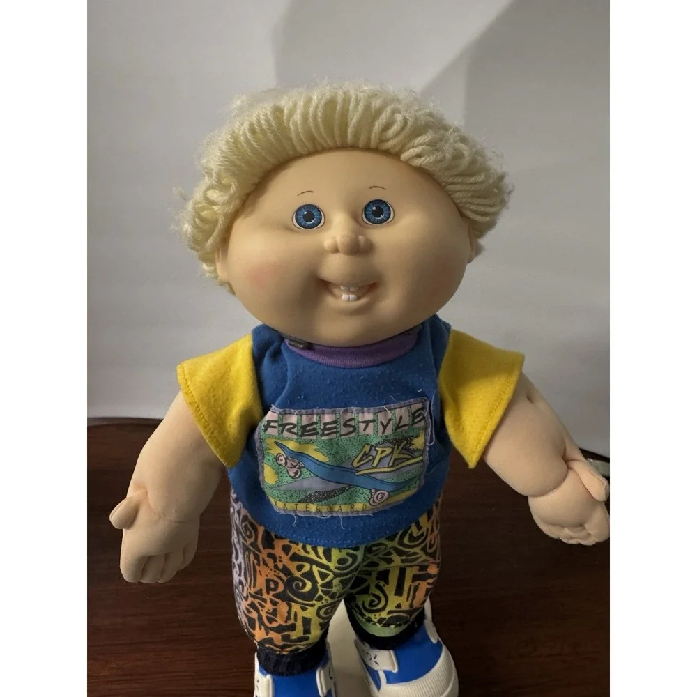 Vintage Cabbage Patch Kids Boy Doll Blonde Yarn Hair Skateboard Shirt 90s Retro